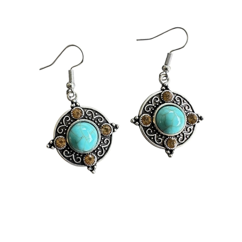 Antique Silver Turquoise and Yellow Rhinestone Drop Earrings